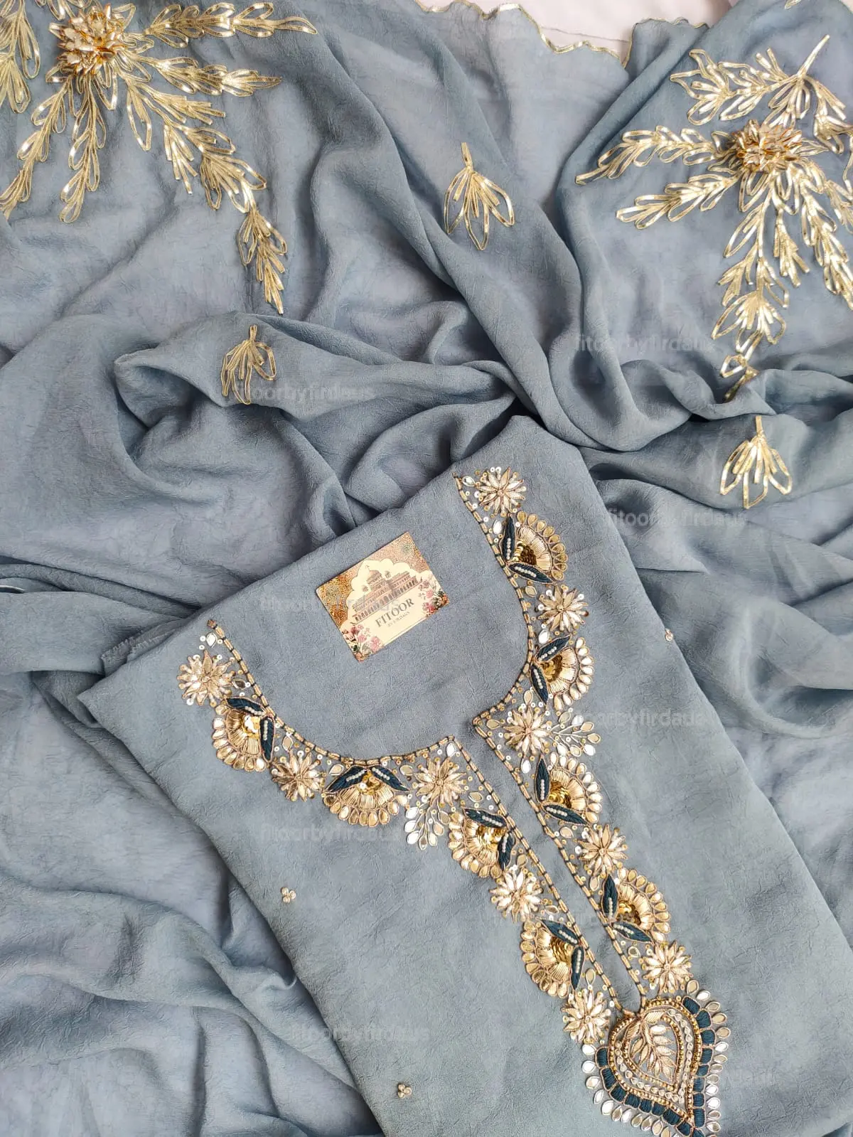 Moss crepe suit set with Zardozi, mirror, gota patti handwork and work dupatta - Image 4