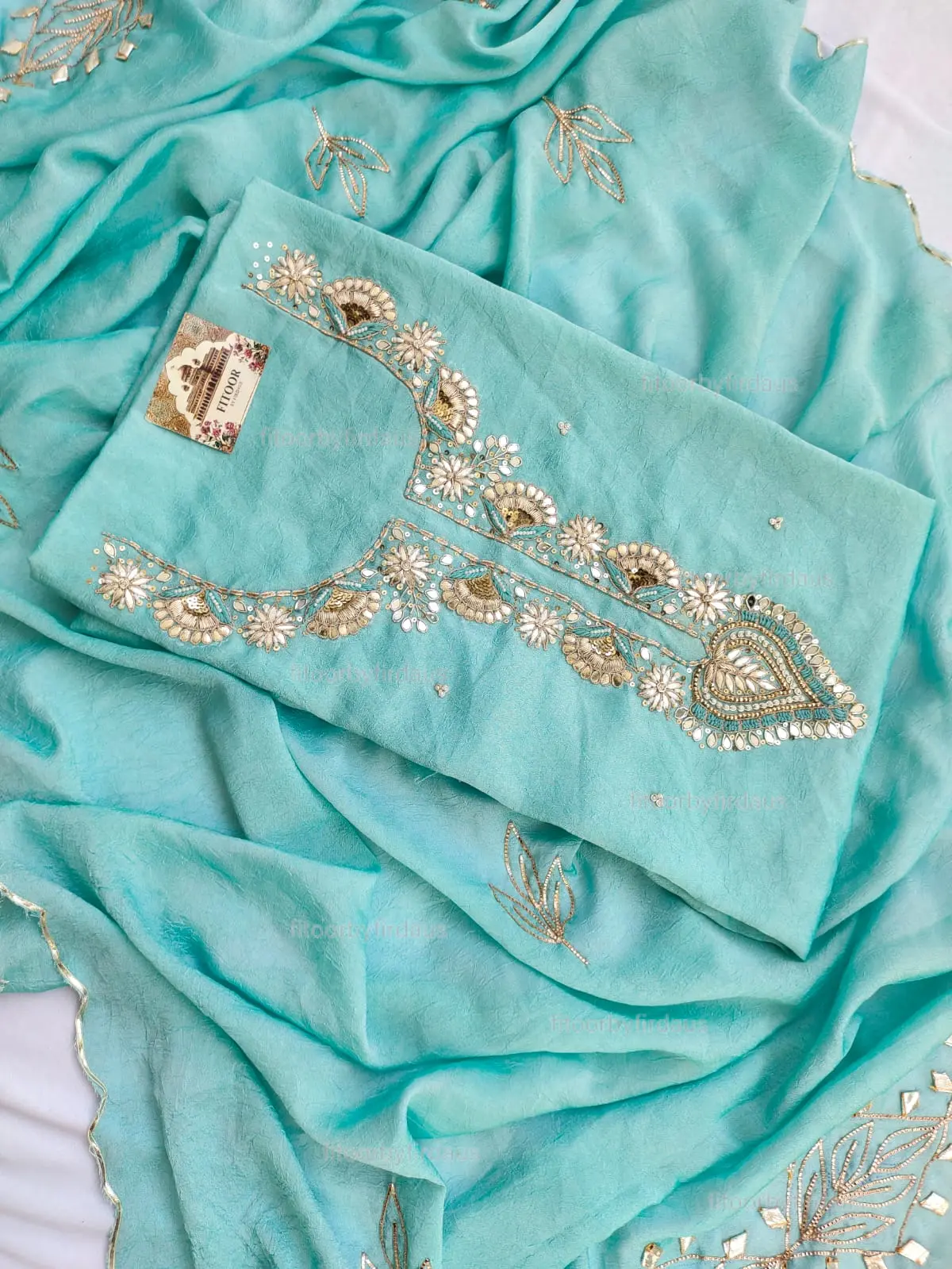 Moss crepe suit set with Zardozi, mirror, gota patti handwork and work dupatta - Image 3