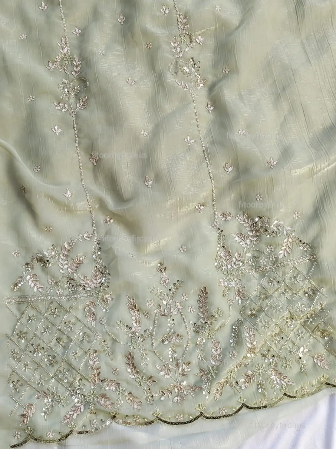 Crushed tissue suit set with Zardozi, gota patti handwork and work dupatta - Image 5