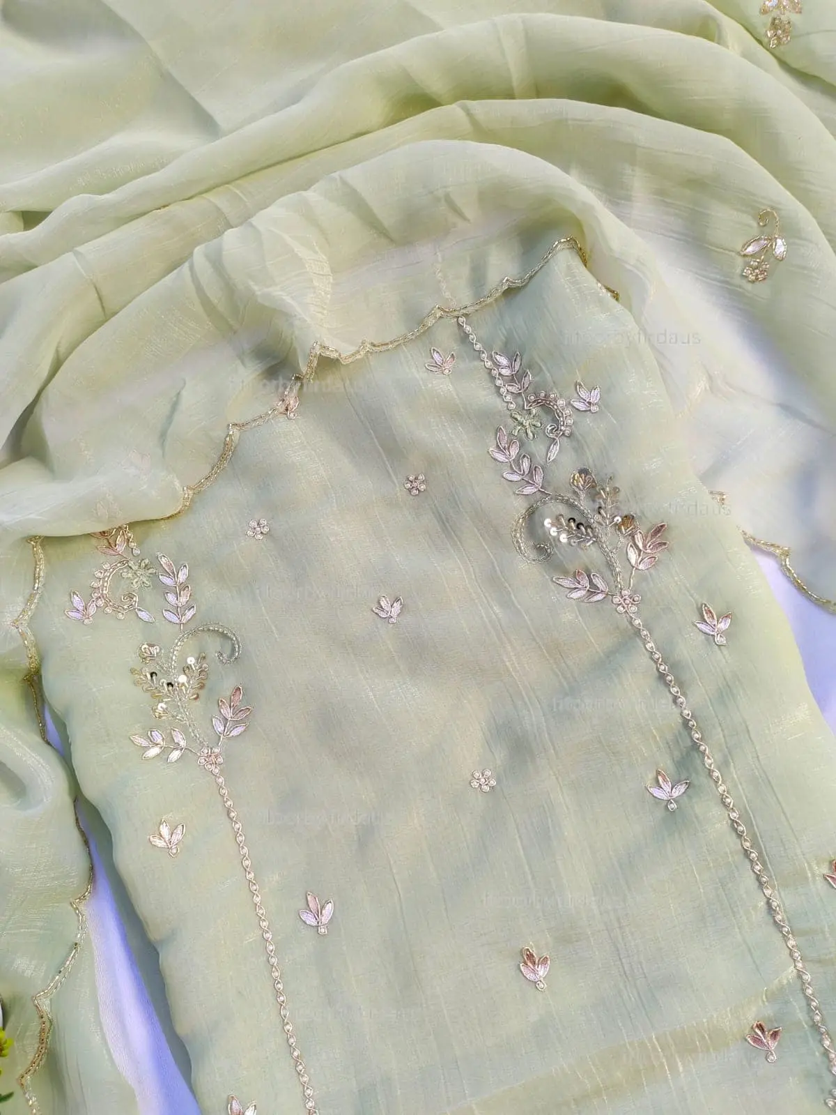 Crushed tissue suit set with Zardozi, gota patti handwork and work dupatta - Image 7
