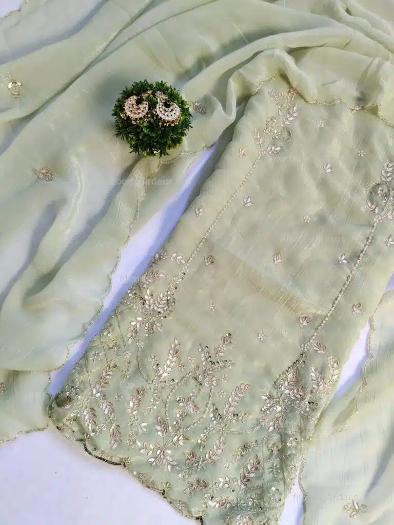 Crushed tissue suit set with Zardozi, gota patti handwork and work dupatta