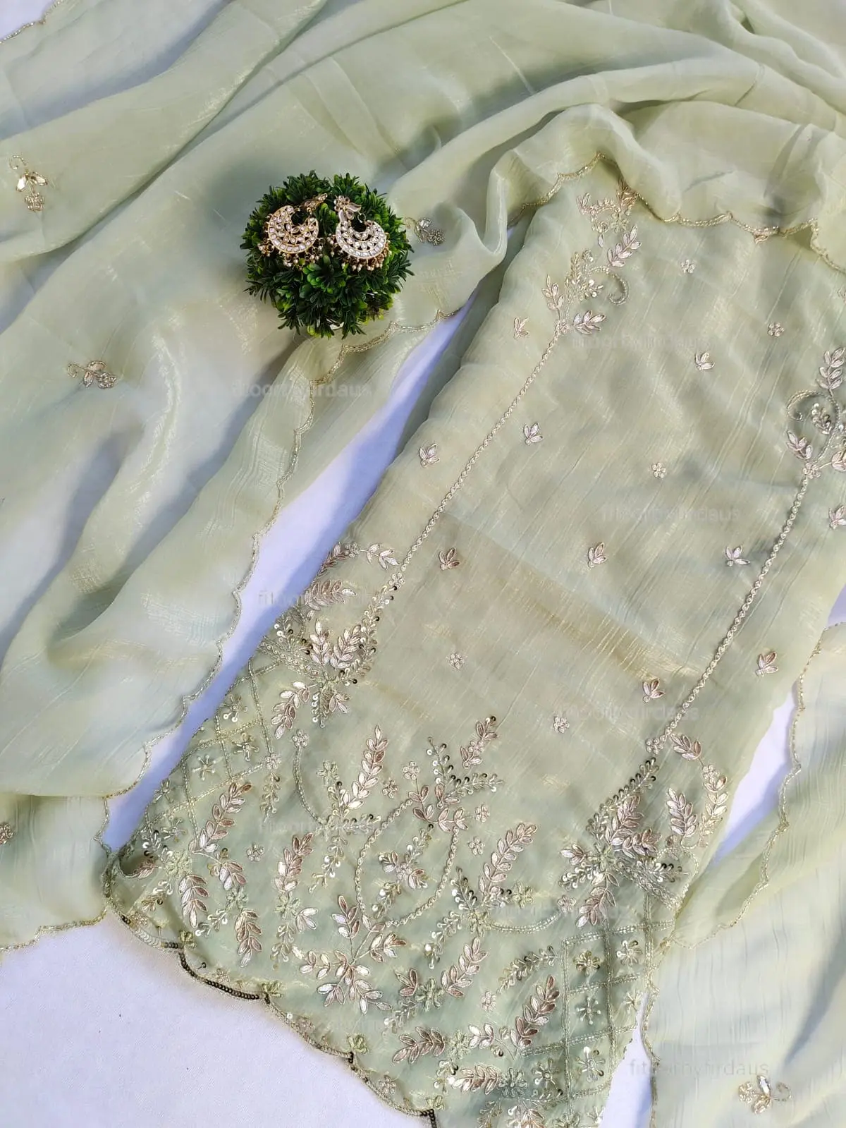 Crushed tissue suit set with Zardozi, gota patti handwork and work dupatta
