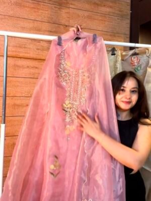 Pink Hand painted Organza unstitched suit set with zardozi work with work dupatta
