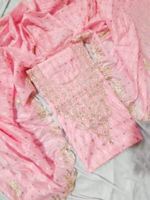 Soft Chanderi silk butti suit set with beaded handwork