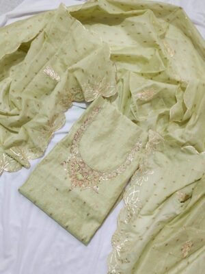 Soft Chanderi silk butti suit set with zardozi handwork