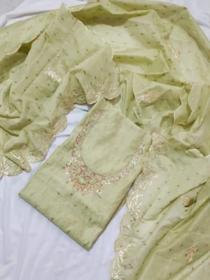 Soft Chanderi silk butti suit set with zardozi handwork