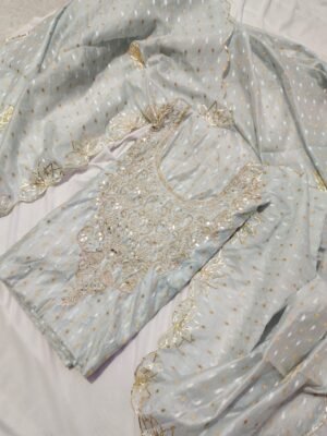 Soft Chanderi silk butti suit set with beaded handwork
