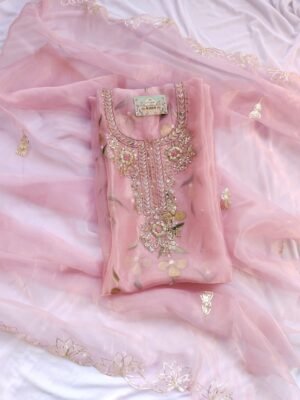 Hand painted Organza suit set with zardozi work with work dupatta