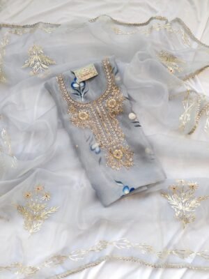 Hand painted Organza suit set with zardozi work with work dupatta