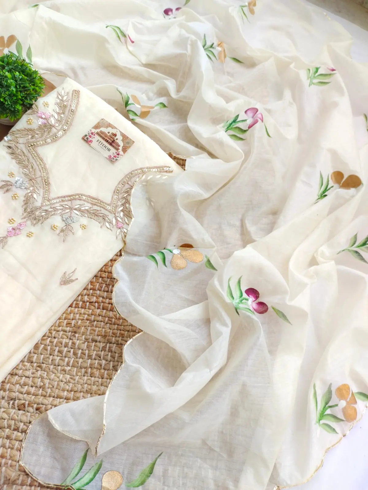 Chanderi cotton suit set with gota patti handwork and Hand painted dupatta - Image 2