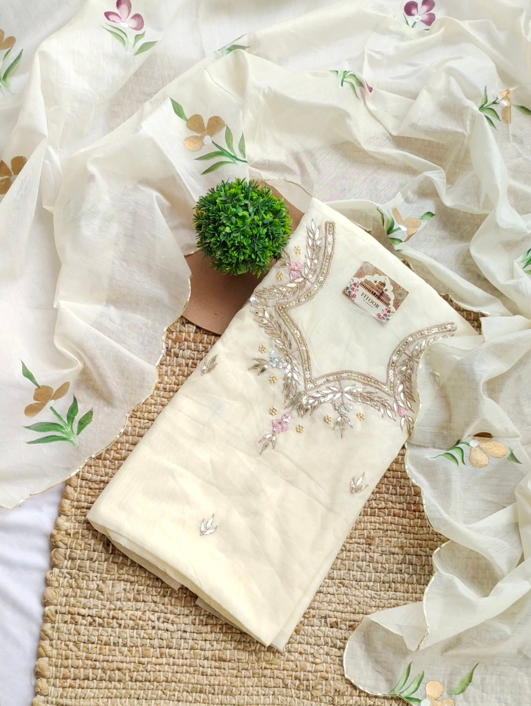 Chanderi cotton suit set with gota patti handwork and Hand painted dupatta