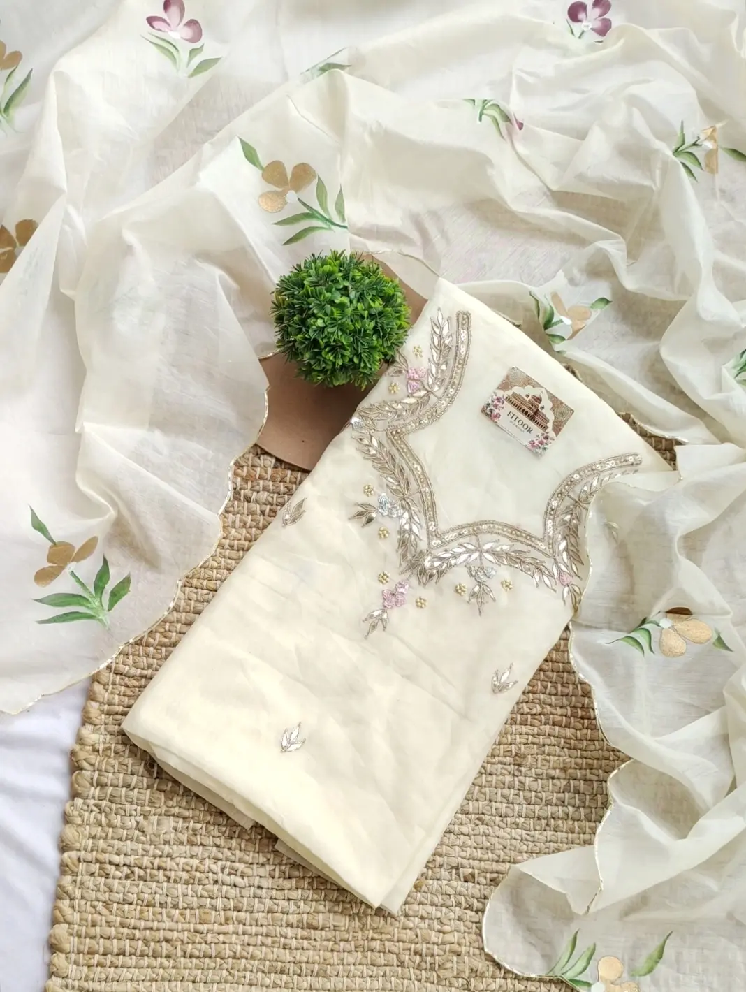 Chanderi cotton suit set with gota patti handwork and Hand painted dupatta