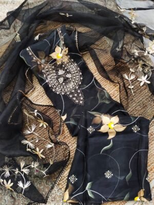 Hand painted Organza suit set with beaded work with work dupatta