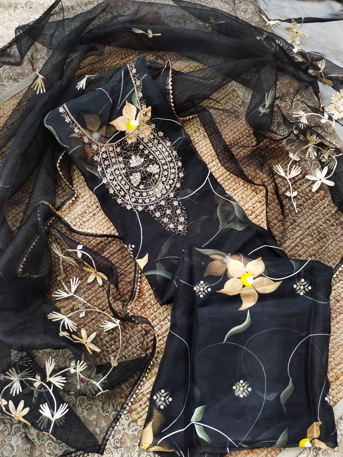 Hand painted Organza suit set with beaded work with work dupatta