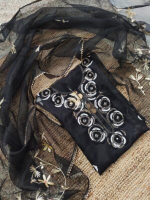 Hand painted Organza suit set with beaded work with work dupatta